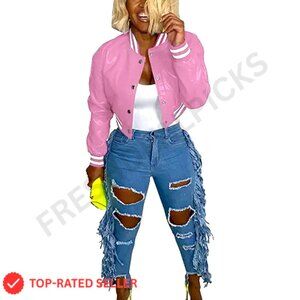 Faux Leather Moto Bomber Jacket Cropped Varsity Style Lightweight Fall Outerwear